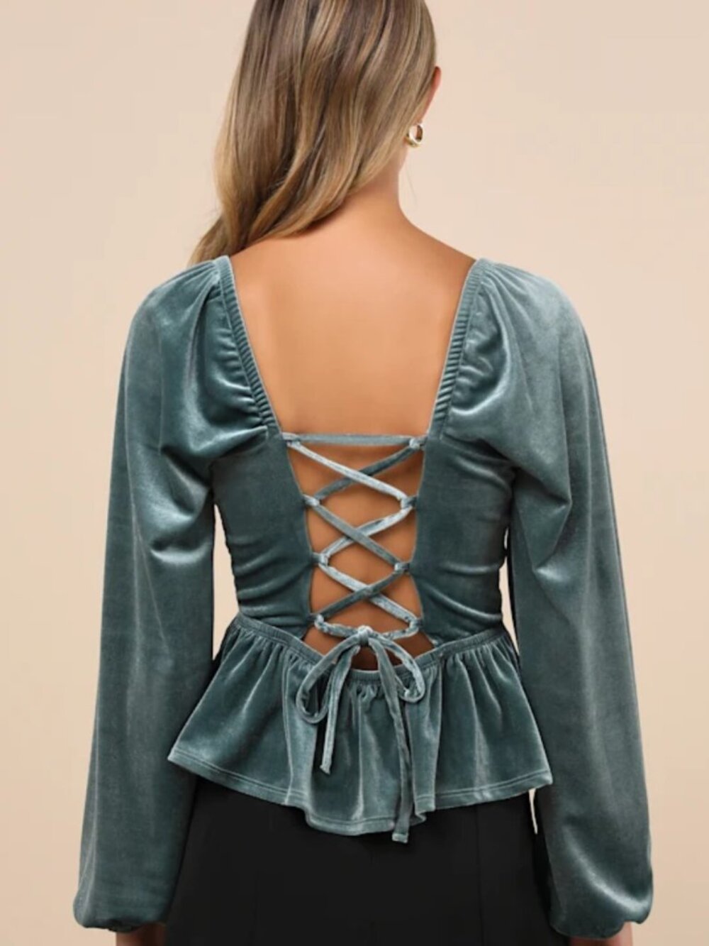 Lulus Marvelously Sweet Sage Blue Velvet Long Sleeve Peplum Top NWT - Picture 2 of 7